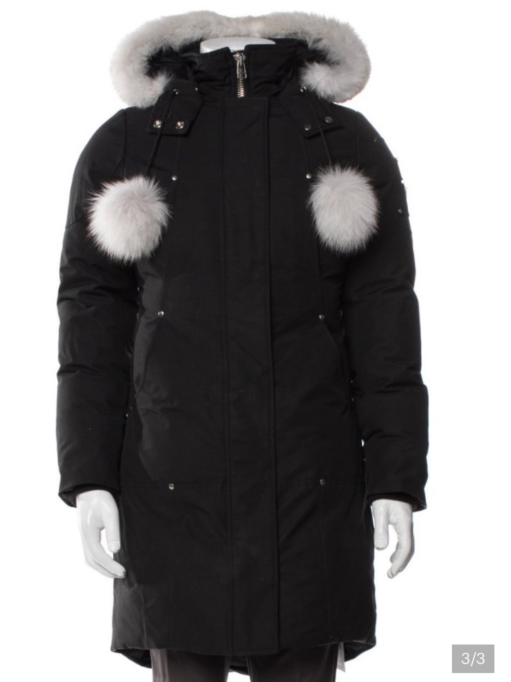 Moose Knuckles Black Puffer Coat with White Fur Poms